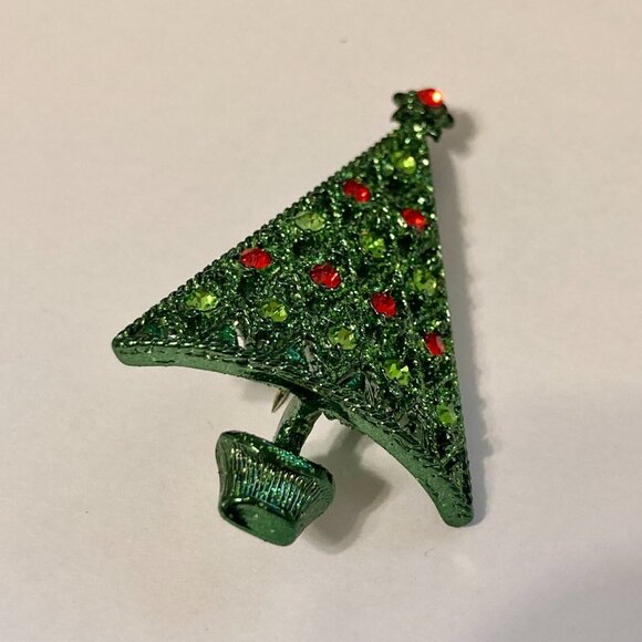 Vintage Crystal Christmas Tree Pin Brooch Star Red Green Enamel Crystals - Picture 3 of 11